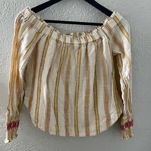 Derek Heart Women Striped‎ Crop Off-Shoulder Boho Peasant Long Sleeve Top Medium